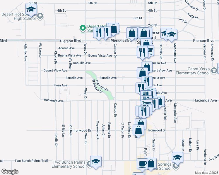 map of restaurants, bars, coffee shops, grocery stores, and more near 66201 Flora Avenue in Desert Hot Springs