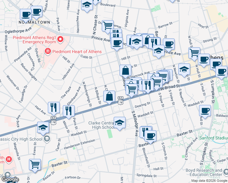map of restaurants, bars, coffee shops, grocery stores, and more near 870 Reese Street in Athens