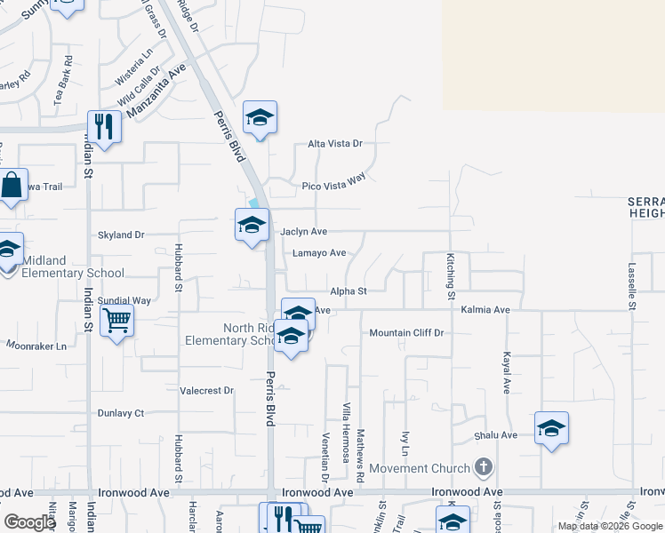 map of restaurants, bars, coffee shops, grocery stores, and more near 11404 Tropic Court in Moreno Valley