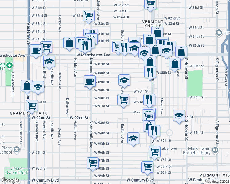 map of restaurants, bars, coffee shops, grocery stores, and more near 1222 West 90th Street in Los Angeles