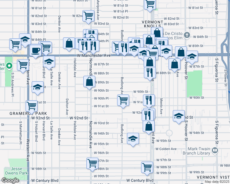 map of restaurants, bars, coffee shops, grocery stores, and more near 1222 West 90th Street in Los Angeles