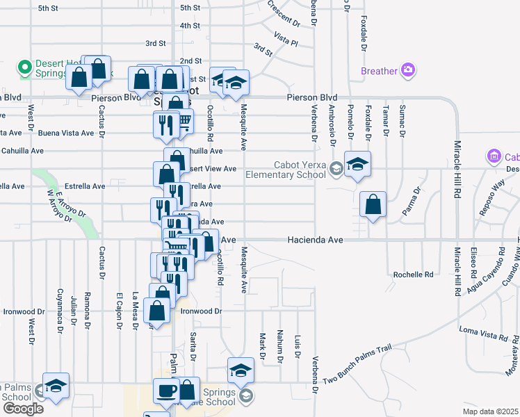 map of restaurants, bars, coffee shops, grocery stores, and more near 66805 Flora Avenue in Desert Hot Springs
