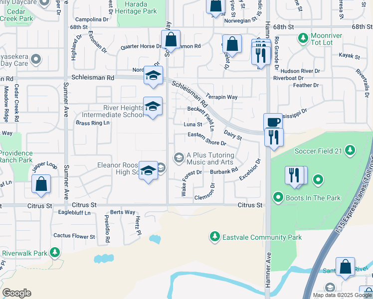 map of restaurants, bars, coffee shops, grocery stores, and more near 7286 Canter-Wood Court in Corona