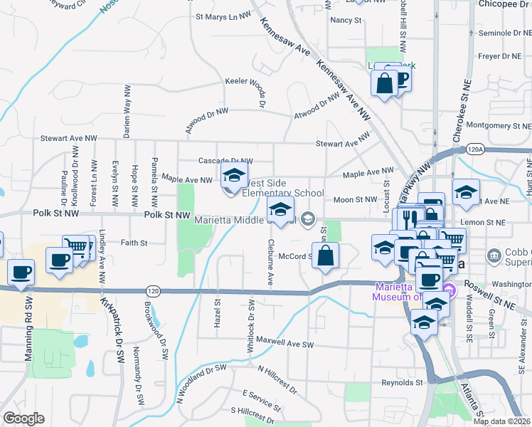map of restaurants, bars, coffee shops, grocery stores, and more near 157 Cleburne Avenue Northwest in Marietta