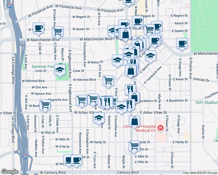 map of restaurants, bars, coffee shops, grocery stores, and more near 622 Walnut Street in Inglewood