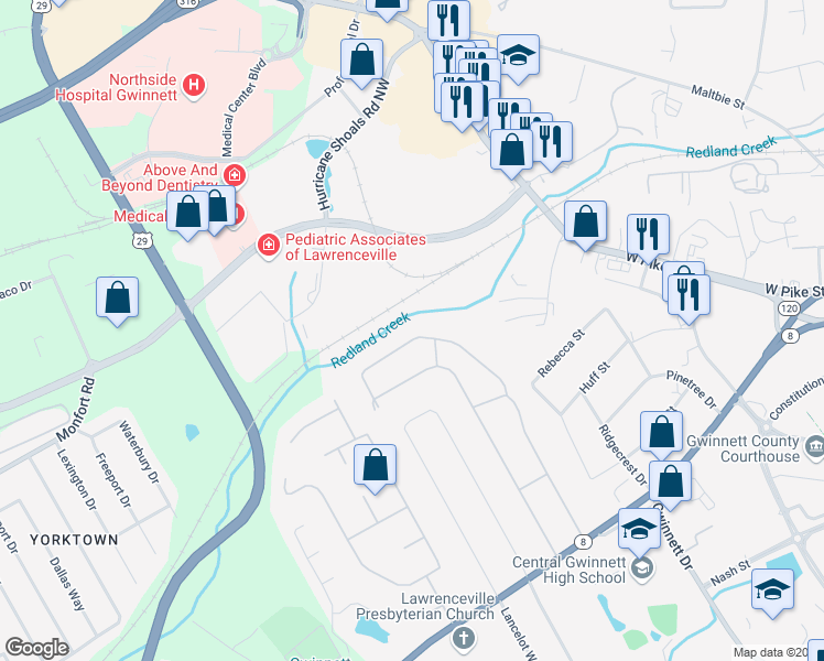 map of restaurants, bars, coffee shops, grocery stores, and more near 679 Dogwood Drive Northwest in Lawrenceville