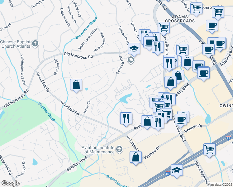 map of restaurants, bars, coffee shops, grocery stores, and more near 344 The Falls Parkway in Duluth