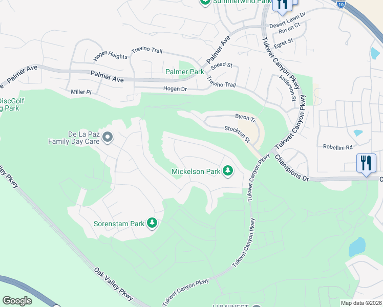 map of restaurants, bars, coffee shops, grocery stores, and more near 35256 Thorpe Trail in Calimesa