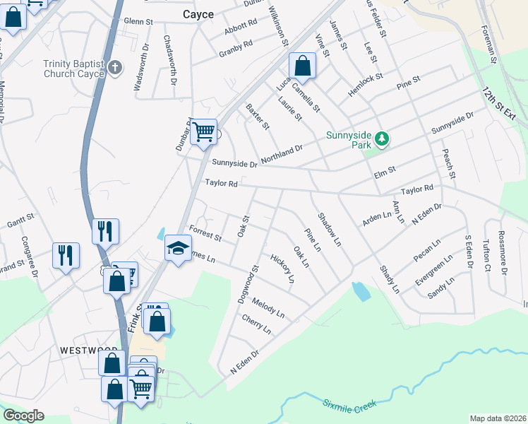 map of restaurants, bars, coffee shops, grocery stores, and more near 101 Dogwood Court in Cayce