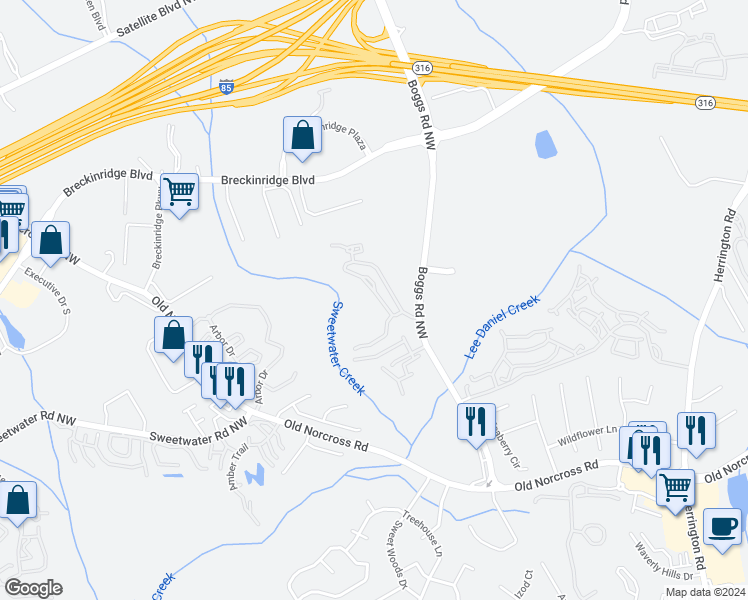 map of restaurants, bars, coffee shops, grocery stores, and more near 1204 Autumn Village Court in Duluth