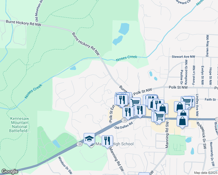 map of restaurants, bars, coffee shops, grocery stores, and more near 1001 Burnt Hickory Road Northwest in Marietta