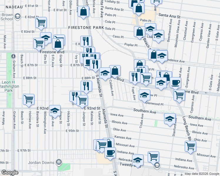 map of restaurants, bars, coffee shops, grocery stores, and more near 8901 Calden Avenue in South Gate