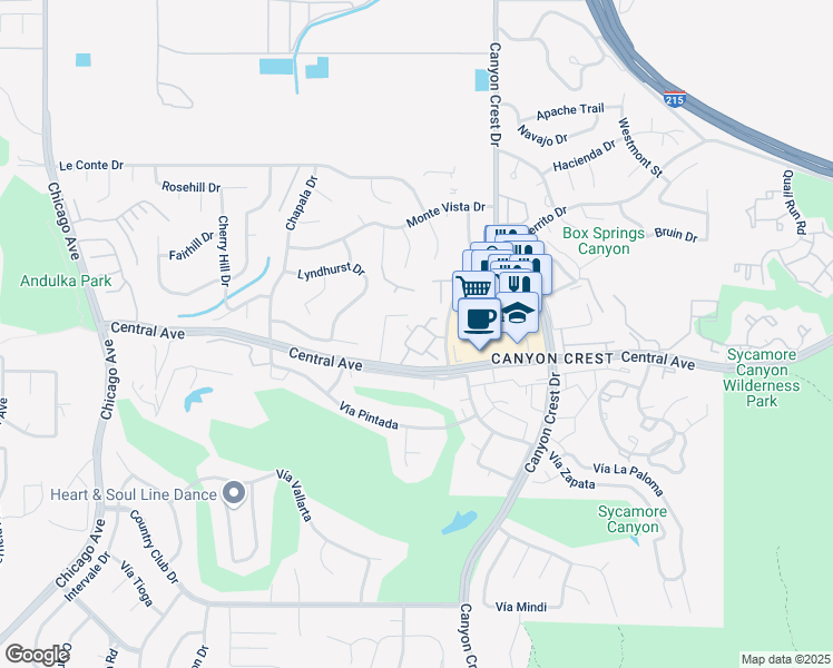 map of restaurants, bars, coffee shops, grocery stores, and more near 5253 El Cerrito Drive in Riverside