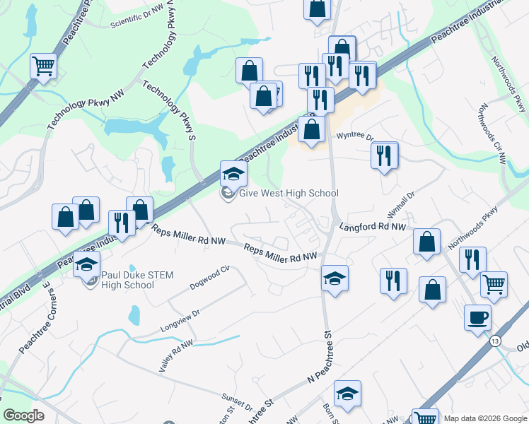 map of restaurants, bars, coffee shops, grocery stores, and more near 3212 Trace Views Court in Norcross
