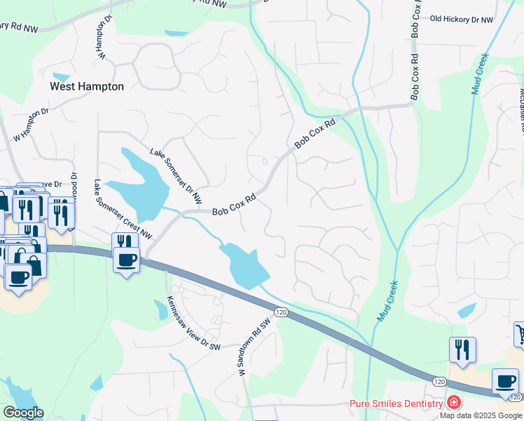 map of restaurants, bars, coffee shops, grocery stores, and more near 3169 Bob Cox Road in Marietta