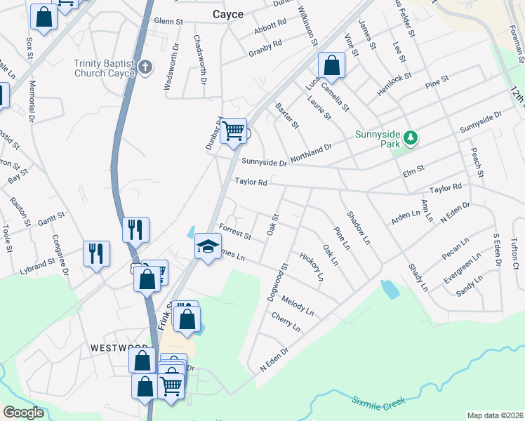 map of restaurants, bars, coffee shops, grocery stores, and more near 2305 Cypress Street in Cayce