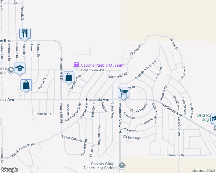 map of restaurants, bars, coffee shops, grocery stores, and more near 12807 Inaja Street in Desert Hot Springs