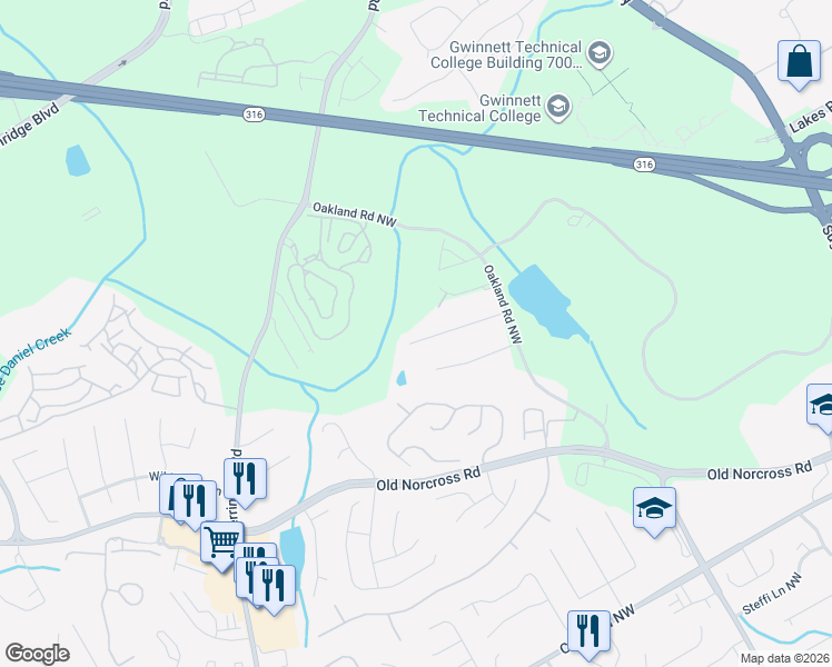map of restaurants, bars, coffee shops, grocery stores, and more near 2295 Oakland Chase Court in Lawrenceville