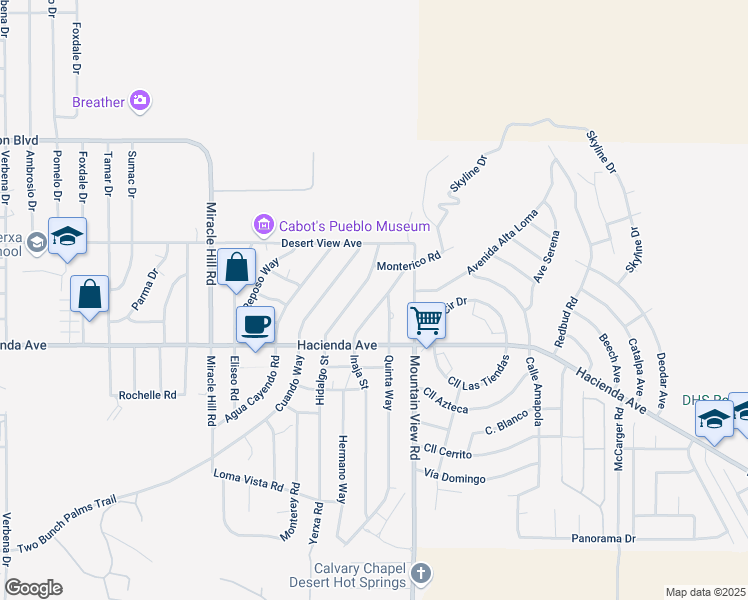 map of restaurants, bars, coffee shops, grocery stores, and more near 12807 Inaja Street in Desert Hot Springs