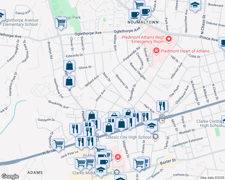 map of restaurants, bars, coffee shops, grocery stores, and more near 270 Holman Avenue in Athens