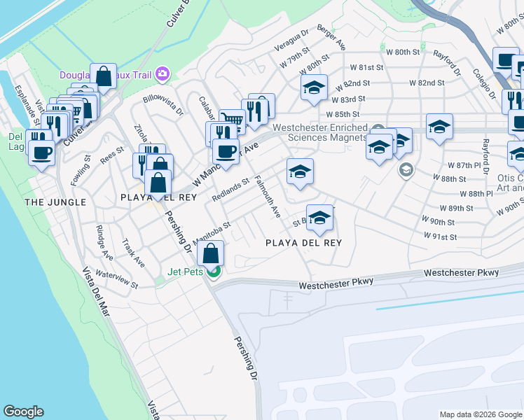 map of restaurants, bars, coffee shops, grocery stores, and more near 8114 Manitoba Street in Los Angeles