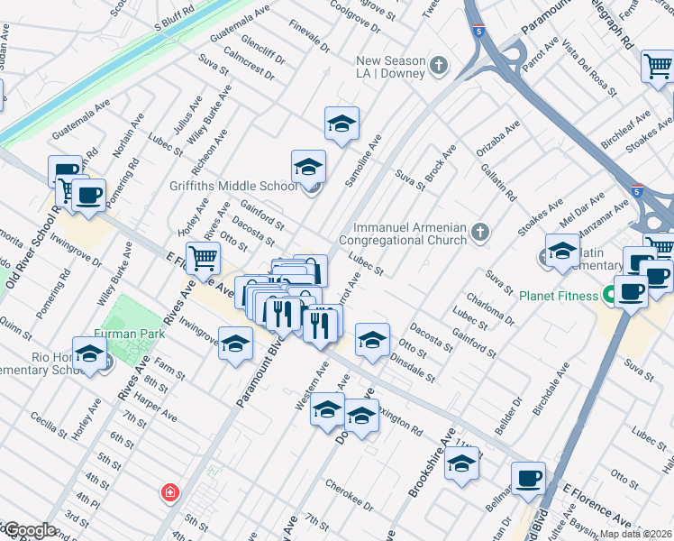 map of restaurants, bars, coffee shops, grocery stores, and more near 9824 Paramount Boulevard in Downey