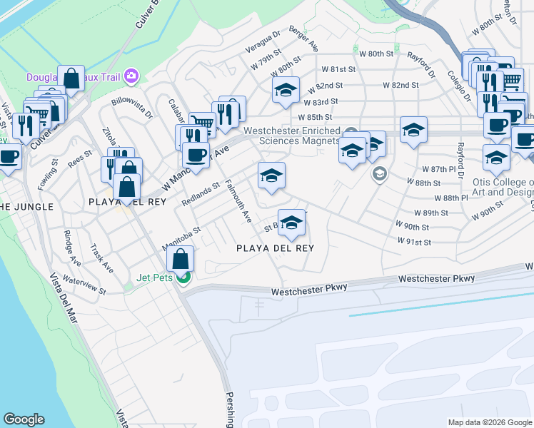 map of restaurants, bars, coffee shops, grocery stores, and more near 7754 Paseo Del Rey in Playa Del Rey