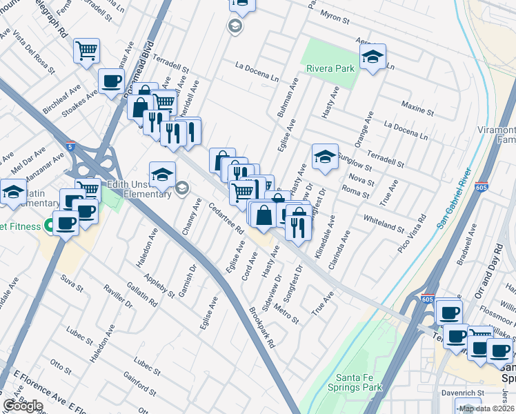 map of restaurants, bars, coffee shops, grocery stores, and more near 8716 Cord Avenue in Pico Rivera