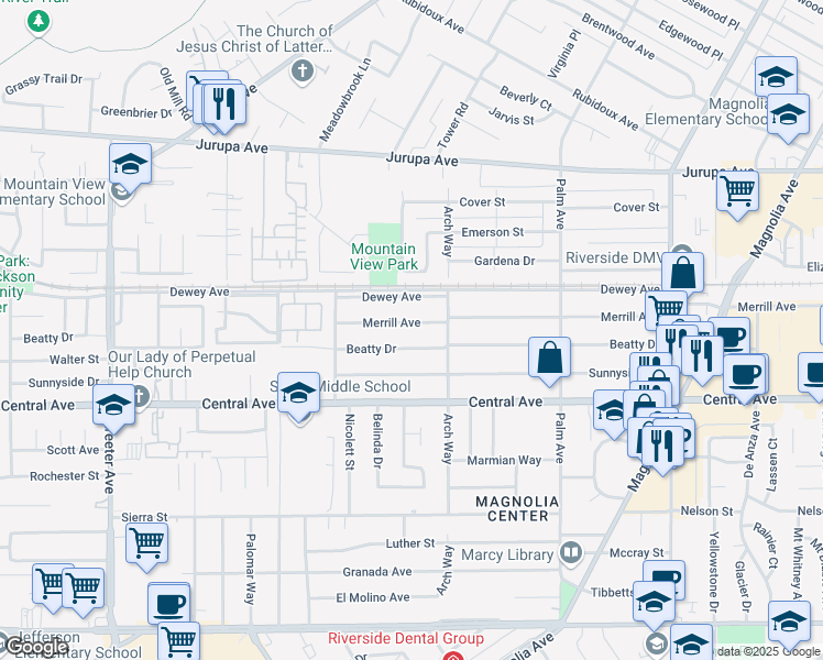 map of restaurants, bars, coffee shops, grocery stores, and more near 4766 Merrill Avenue in Riverside