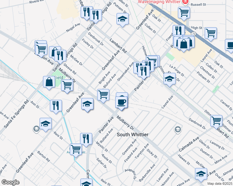 map of restaurants, bars, coffee shops, grocery stores, and more near 13226 Addington Street in Whittier