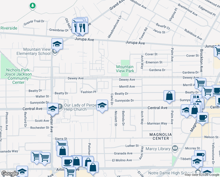 map of restaurants, bars, coffee shops, grocery stores, and more near 6363 Carlo Drive in Riverside