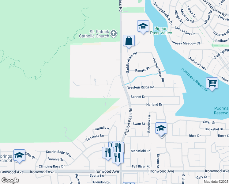 map of restaurants, bars, coffee shops, grocery stores, and more near 11455 Pigeon Pass Road in Moreno Valley