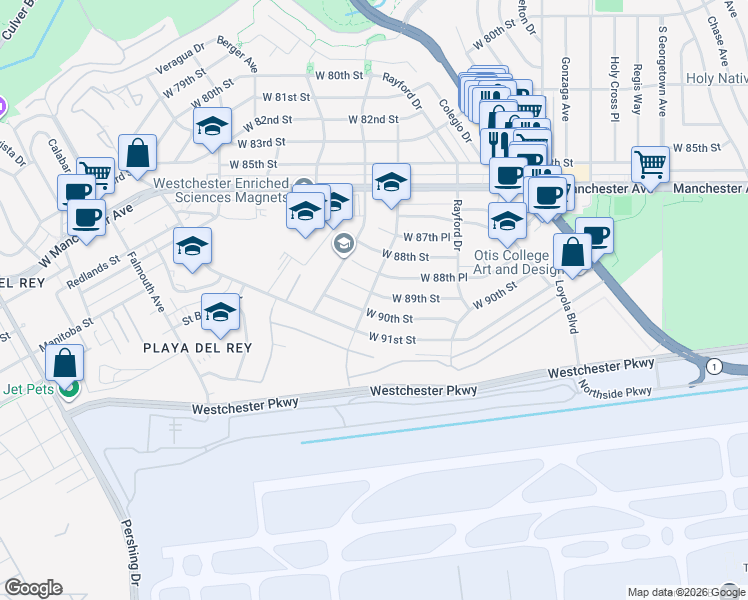 map of restaurants, bars, coffee shops, grocery stores, and more near 7446 West 89th Street in Los Angeles