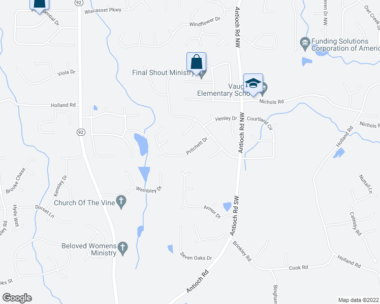 map of restaurants, bars, coffee shops, grocery stores, and more near 6153 Pritchett Drive in Powder Springs