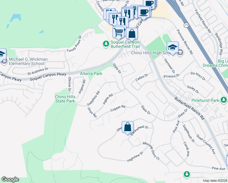 map of restaurants, bars, coffee shops, grocery stores, and more near 16435 Patina Court in Chino Hills