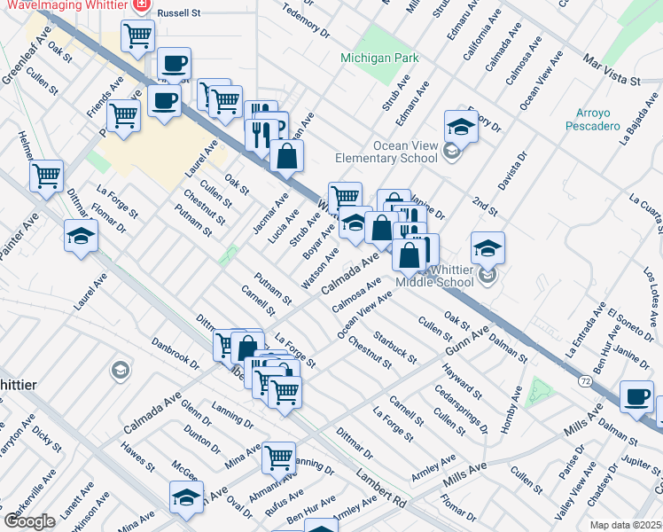 map of restaurants, bars, coffee shops, grocery stores, and more near 8914 Watson Avenue in Whittier