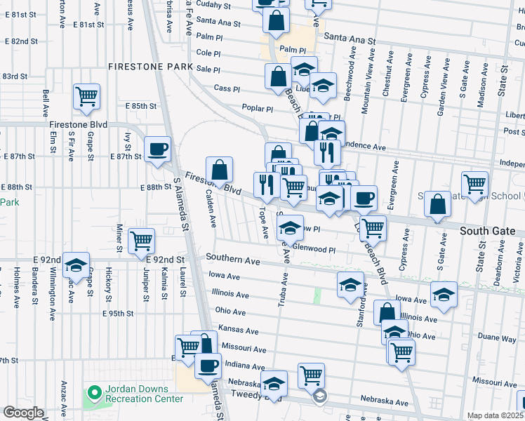 map of restaurants, bars, coffee shops, grocery stores, and more near 8911 Tope Avenue in South Gate