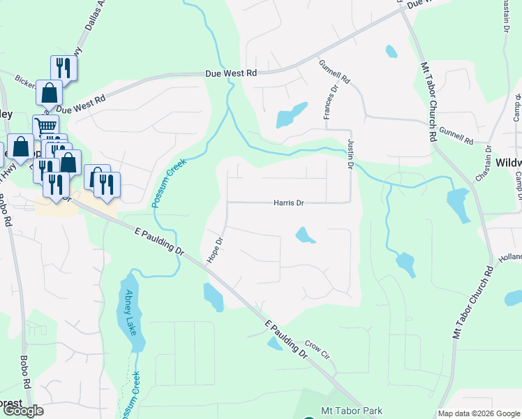 map of restaurants, bars, coffee shops, grocery stores, and more near 293 Harris Drive in Dallas