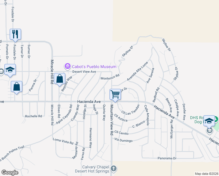 map of restaurants, bars, coffee shops, grocery stores, and more near 12753 Mountain View Road in Desert Hot Springs