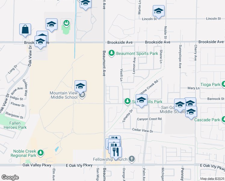 map of restaurants, bars, coffee shops, grocery stores, and more near 423 Cougar Way in Beaumont