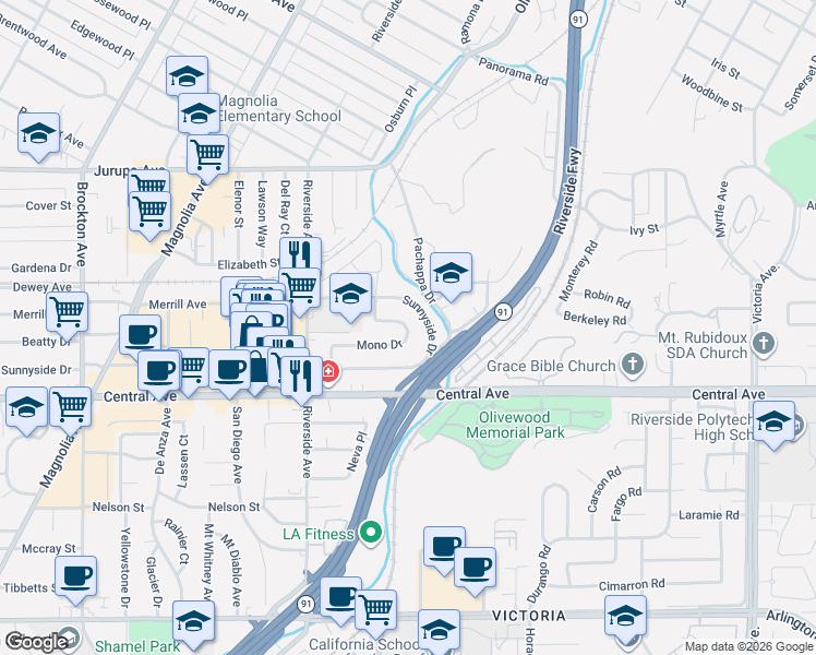 map of restaurants, bars, coffee shops, grocery stores, and more near 3410 Mono Drive in Riverside