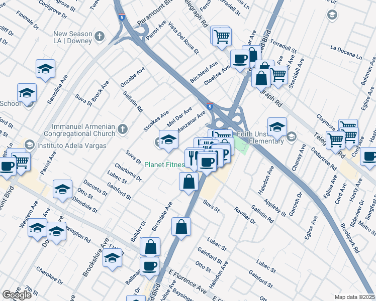 map of restaurants, bars, coffee shops, grocery stores, and more near 8601 Gallatin School House Road in Downey