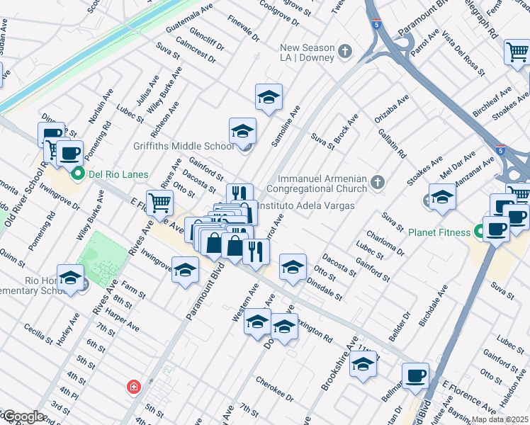 map of restaurants, bars, coffee shops, grocery stores, and more near 9840 Paramount Boulevard in Downey