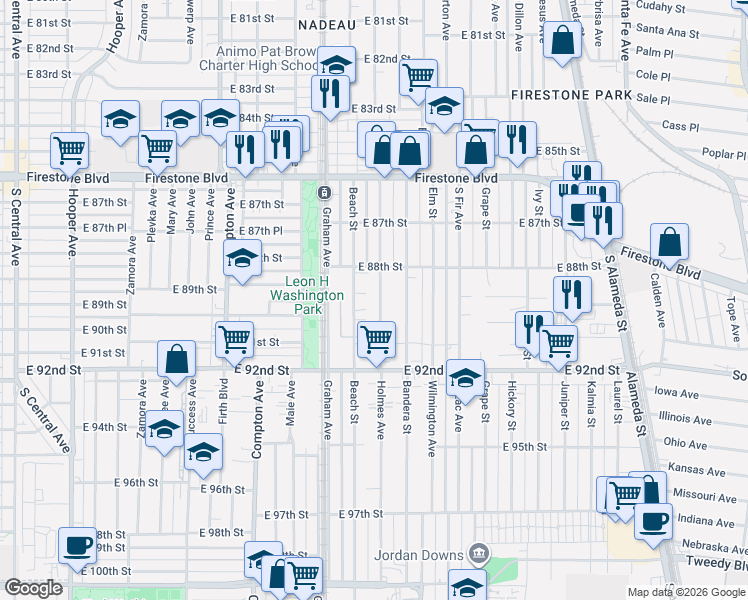 map of restaurants, bars, coffee shops, grocery stores, and more near 8906 Holmes Avenue in Los Angeles