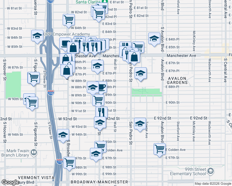 map of restaurants, bars, coffee shops, grocery stores, and more near 156 East 89th Street in Los Angeles