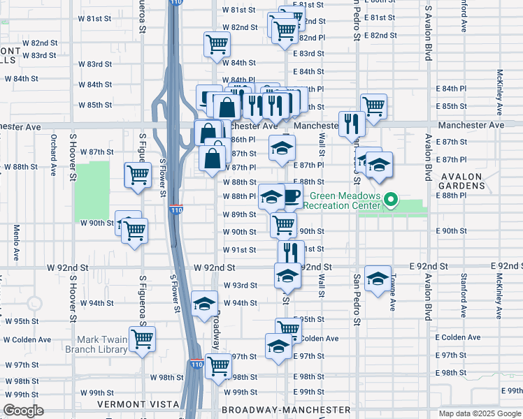 map of restaurants, bars, coffee shops, grocery stores, and more near 132 West 89th Street in Los Angeles