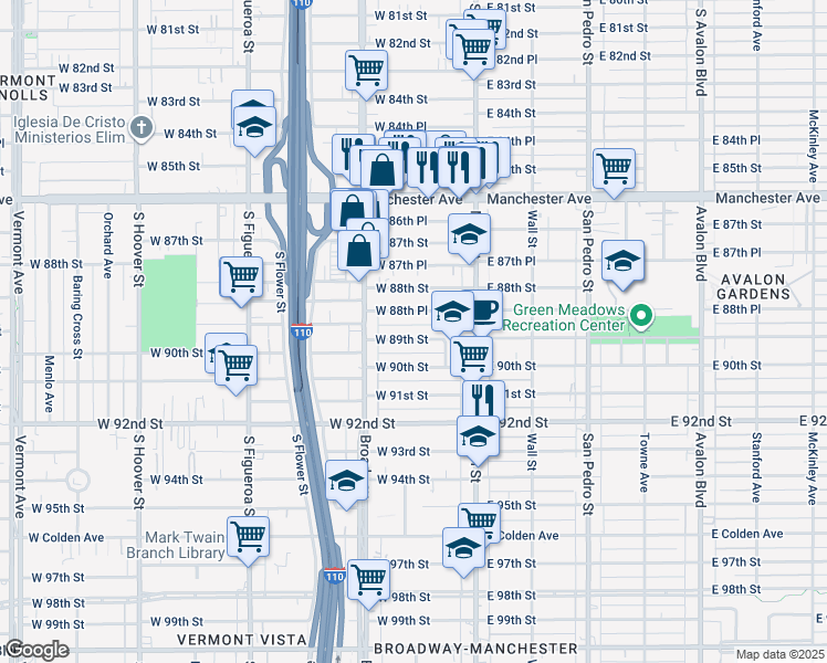 map of restaurants, bars, coffee shops, grocery stores, and more near 214 West 89th Street in Los Angeles