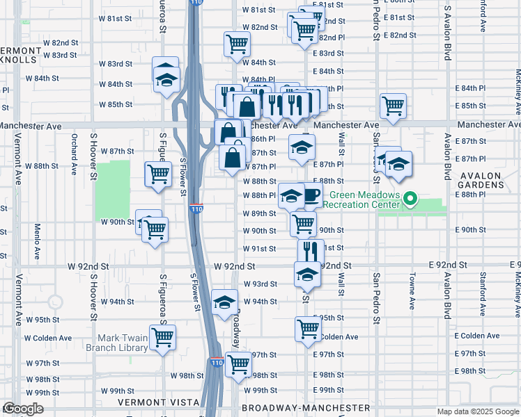map of restaurants, bars, coffee shops, grocery stores, and more near 214 West 89th Street in Los Angeles