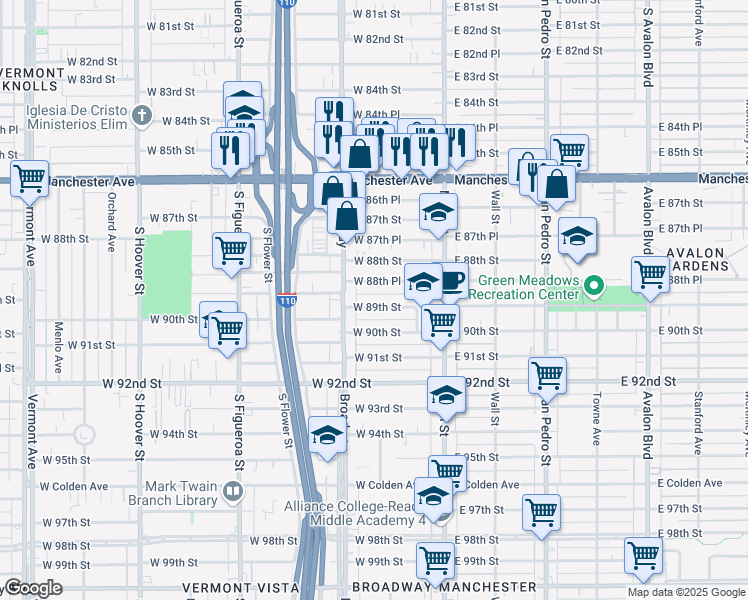 map of restaurants, bars, coffee shops, grocery stores, and more near 214 West 89th Street in Los Angeles