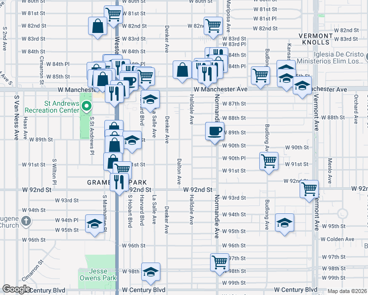 map of restaurants, bars, coffee shops, grocery stores, and more near 8928 Dalton Avenue in Los Angeles